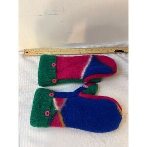 Wool Adult mitten gloves bold colors‎ green pink 5"x12"